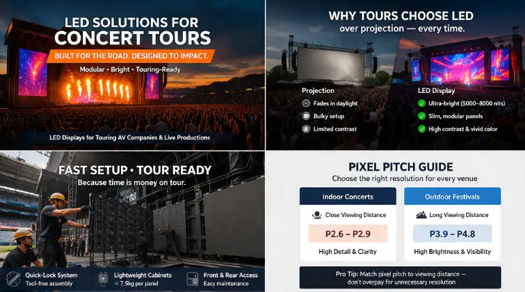 Soluções LED para turnês de concertos e empresas de AV em turnê